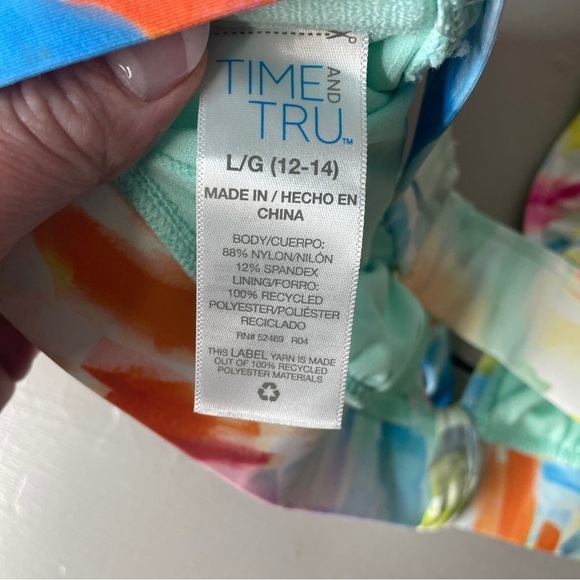 NWT Time and Tru Size L Bikini TOP ONLY White Multicolor Plunge Front Tie. - Picture 6 of 7